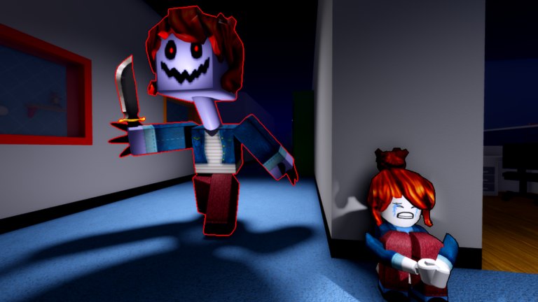 Nightmare with a knife stalking a hiding Child in a blue hallway inside Lori's Nightmare